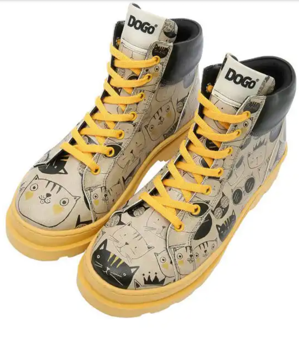Dogo Vegan Leather Beige Boots - Monochrome Cats Design