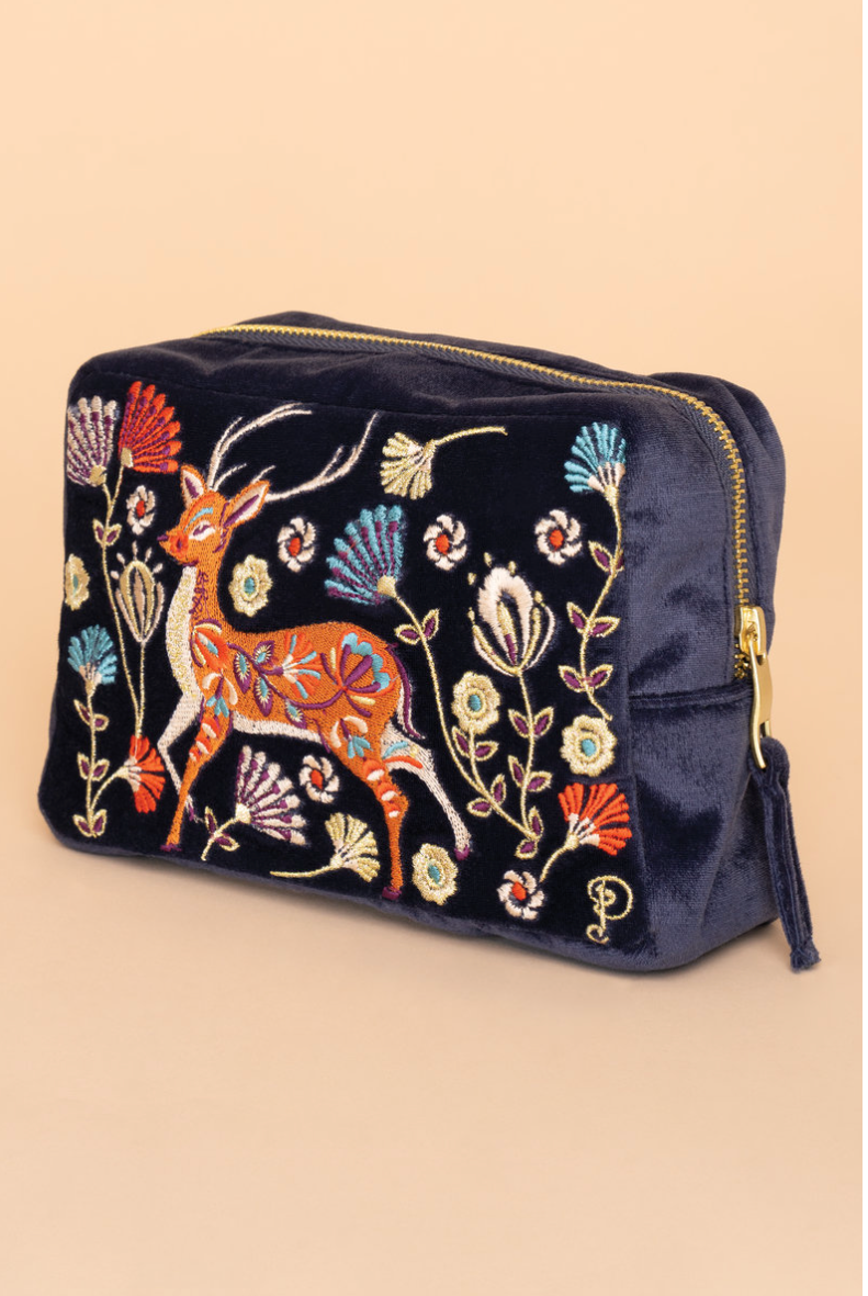 Powder Velvet Embroidered Make-Up Bag - Folk Art Deer, Slate