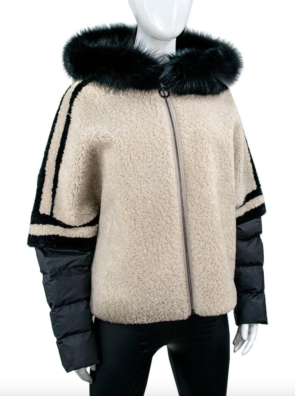 Mitchies BLACK & BEIGE LAMB AND NYLON JACKET WITH FOX TRIM AND REMOVABLE SLEEVE
