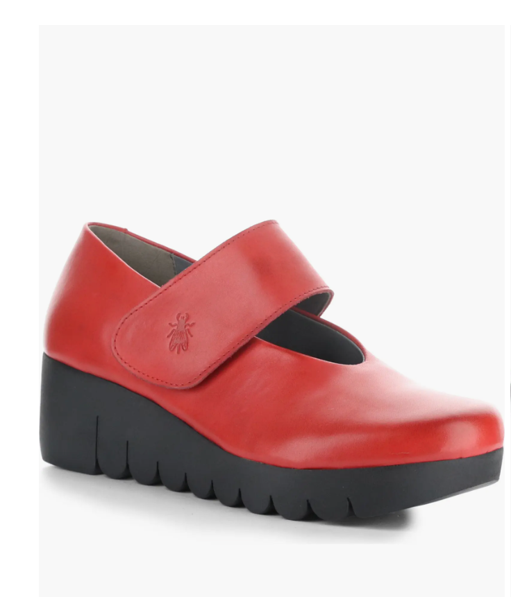Fly London Vari red wedge May Jane shoe with velcro