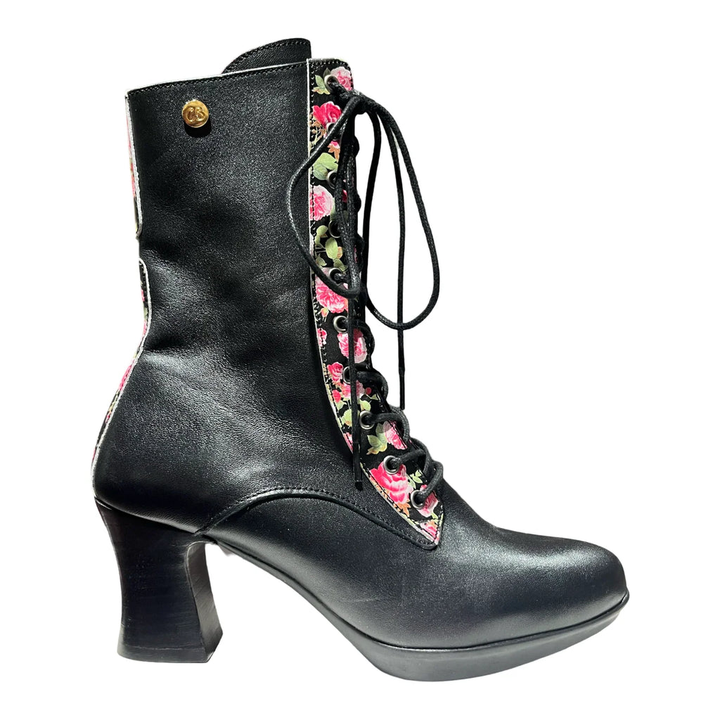 Chanii B "Fergi" Black/Roses - Victorian-Style Boots