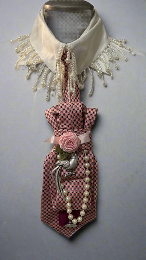 Dani XX "Pearls and Peacock" Pink necklace Tie with beaded collar