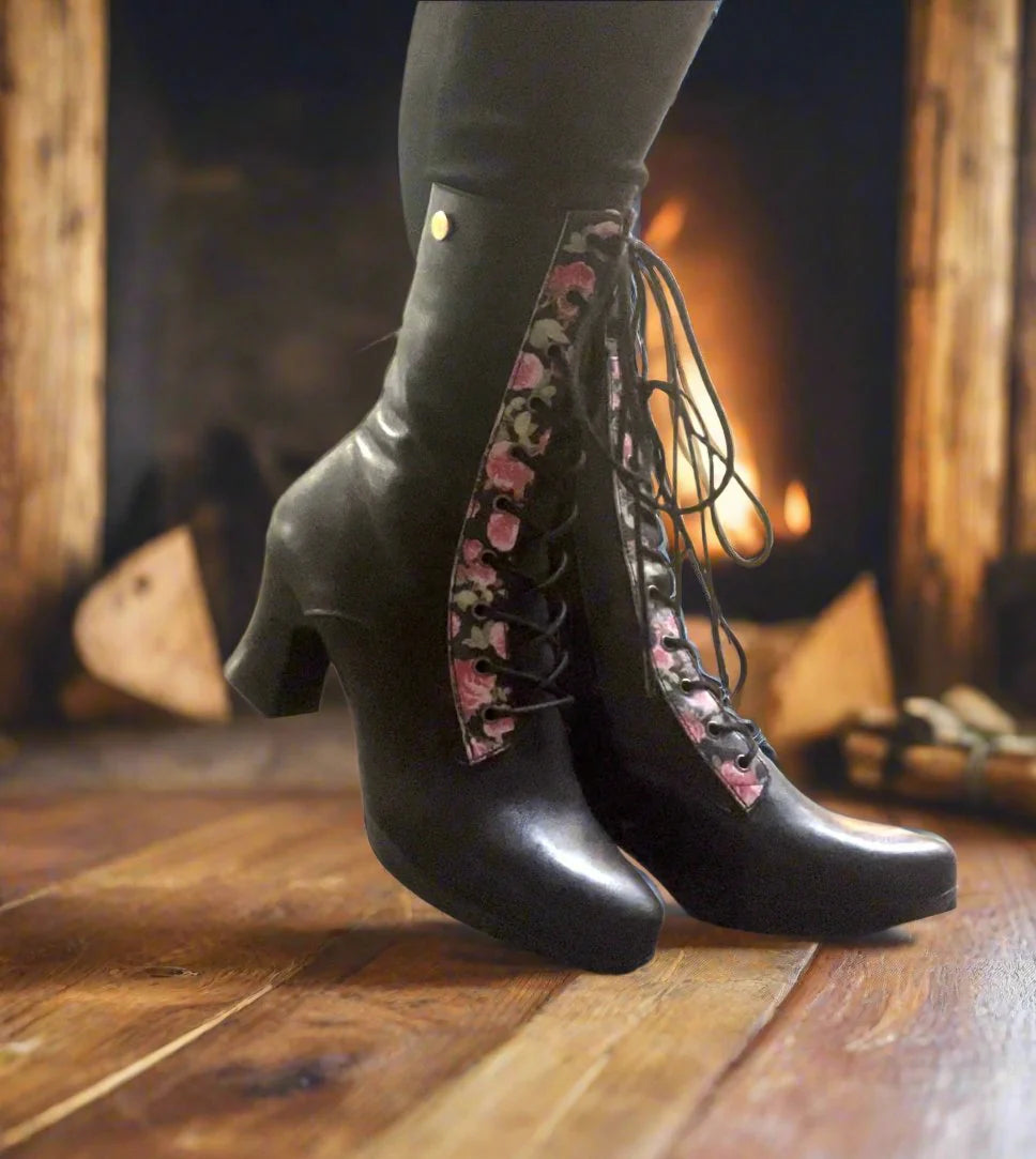 Chanii B "Fergi" Black/Roses - Victorian-Style Boots