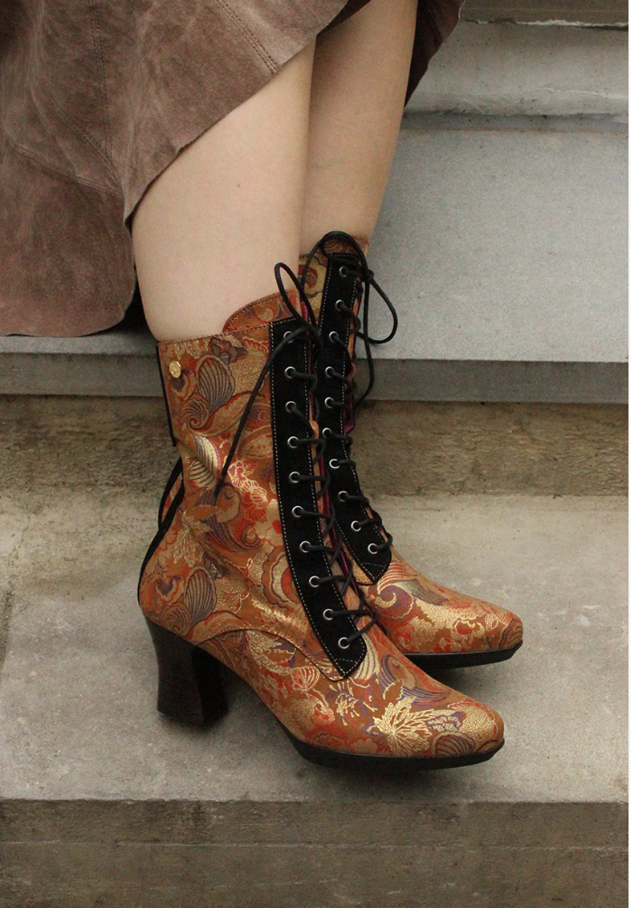 Chanii B "Fergie" Tan Floral - Victorian Lace-up Boot