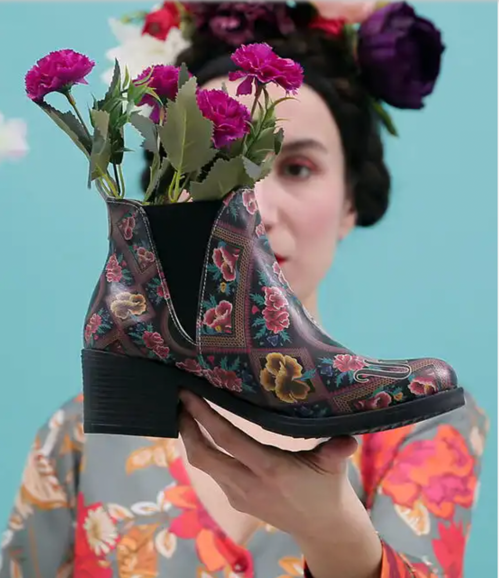Dogo Women Vegan Leather Ankle Boots - Beauty In The Broken Frida Kahlo Design