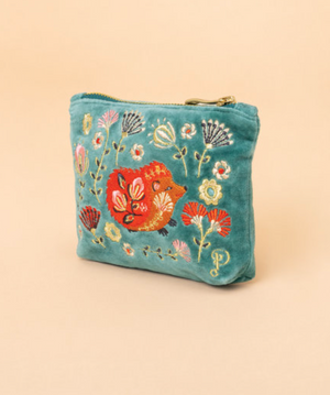 Powder Velvet Embroidered Mini Pouch - Folk Art Hedgehog, Aqua