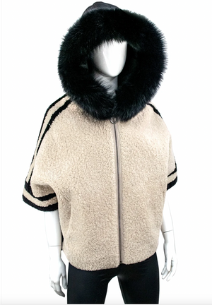 Mitchies BLACK & BEIGE LAMB AND NYLON JACKET WITH FOX TRIM AND REMOVABLE SLEEVE
