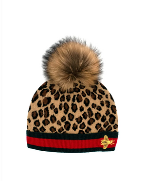 Mitchies KNIT ANIMAL PRINT HAT WITH EMBROIDERED BEE ON CUFF & FOX POMPOM, 100% WOOL