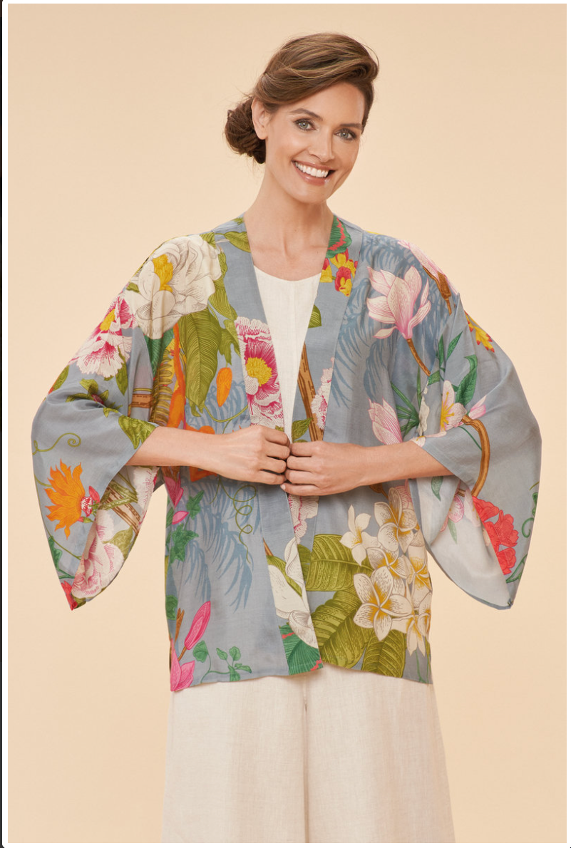 Powder UK Tropical Flora and Fauna Kimono Jacket in Lavender