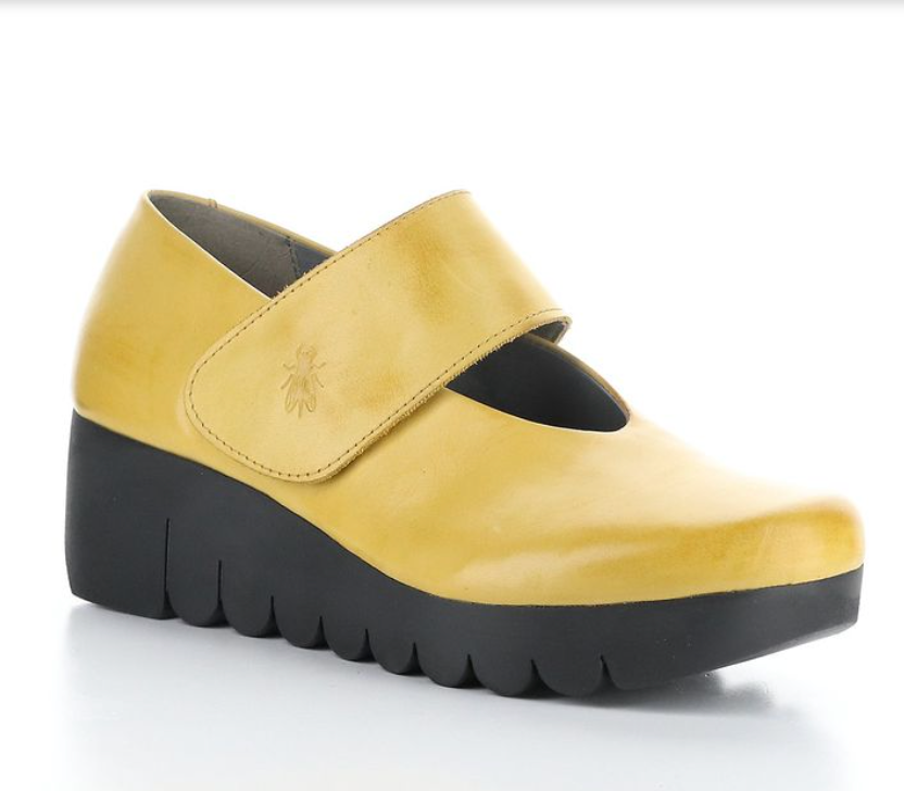 Fly London Vari Mustard wedge  May Jane shoe with velcro