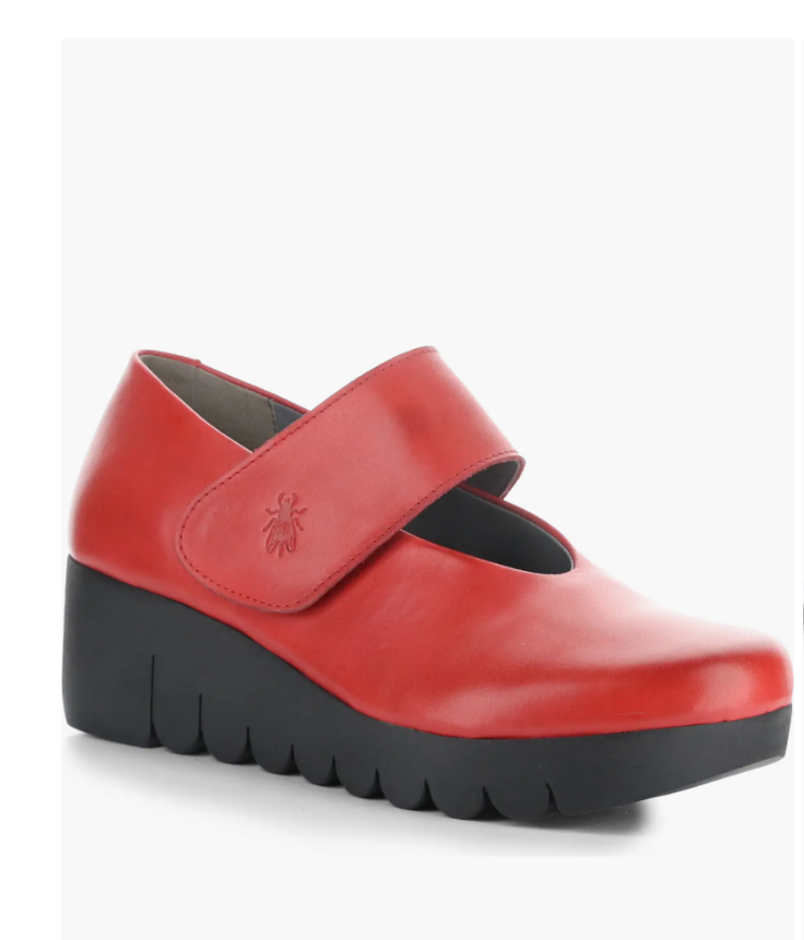 Fly London Vari red wedge  May Jane shoe with velcro