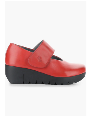 Fly London Vari red wedge  May Jane shoe with velcro