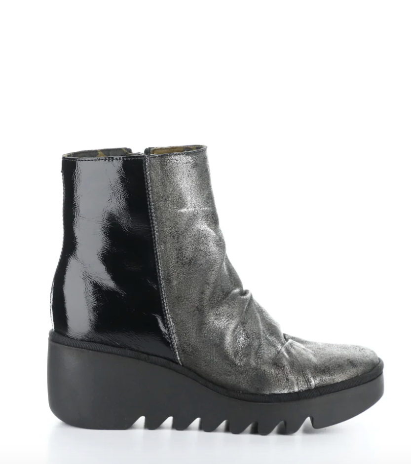 Fly London "Baan" Black/Silver wedge boot