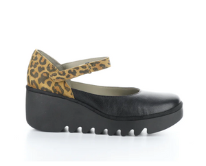 Fly London "Bawo" Black/leopard shoe withg ankle strap