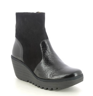 Fly London Yuxi Black Patent wedge boot