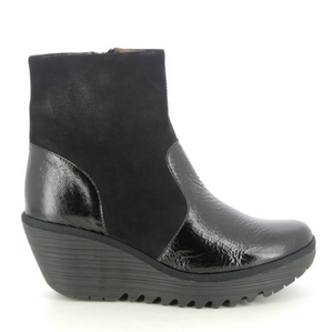 Fly London Yuxi Black Patent wedge boot