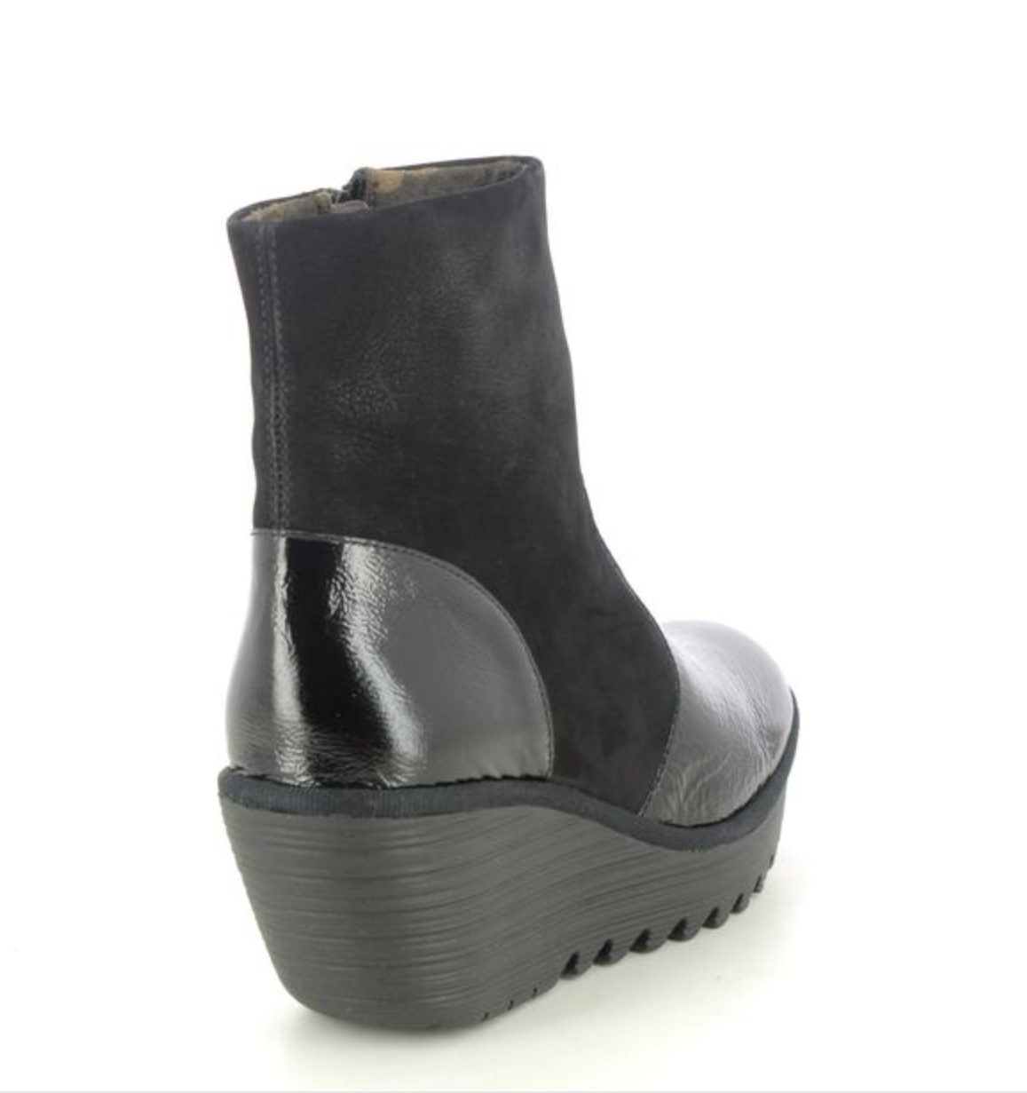 Fly London Yuxi Black Patent wedge boot