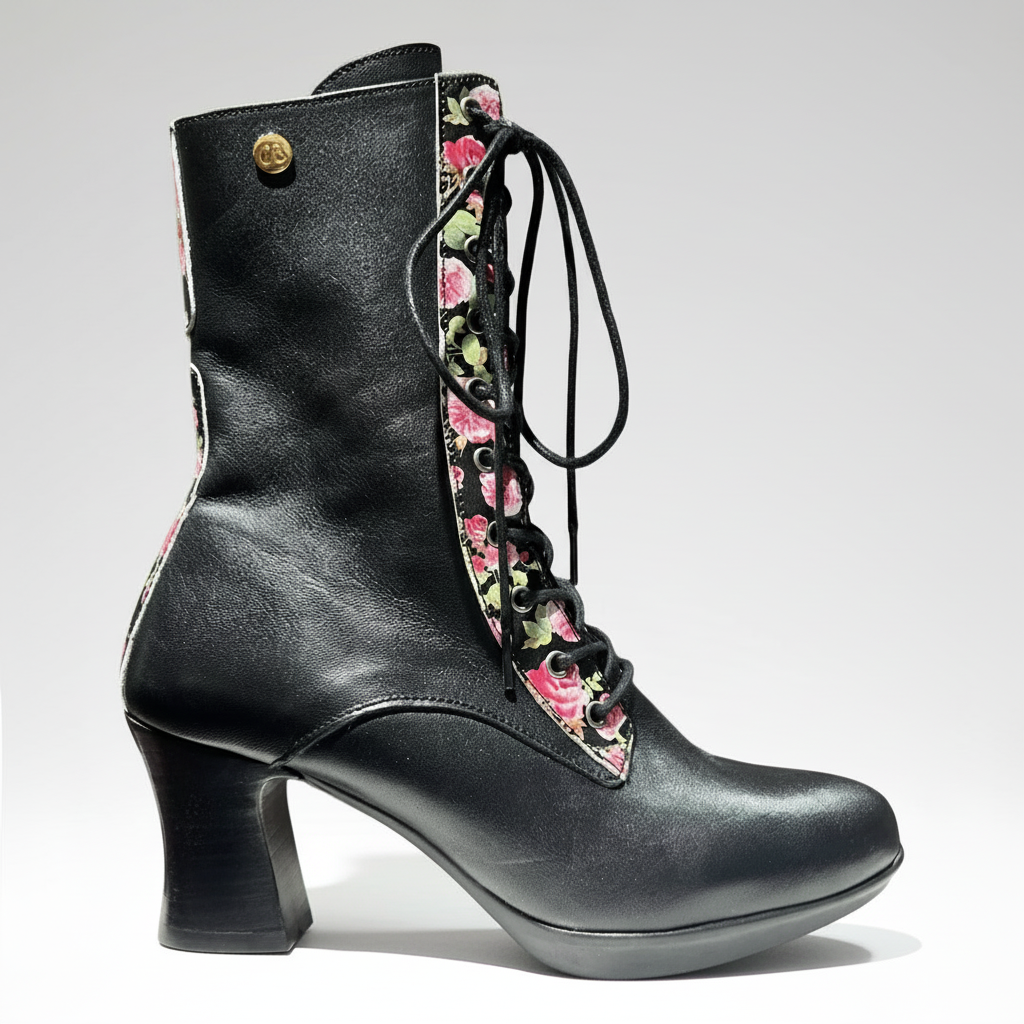 Chanii B "Fergi" Black/Roses - Victorian-Style Boots
