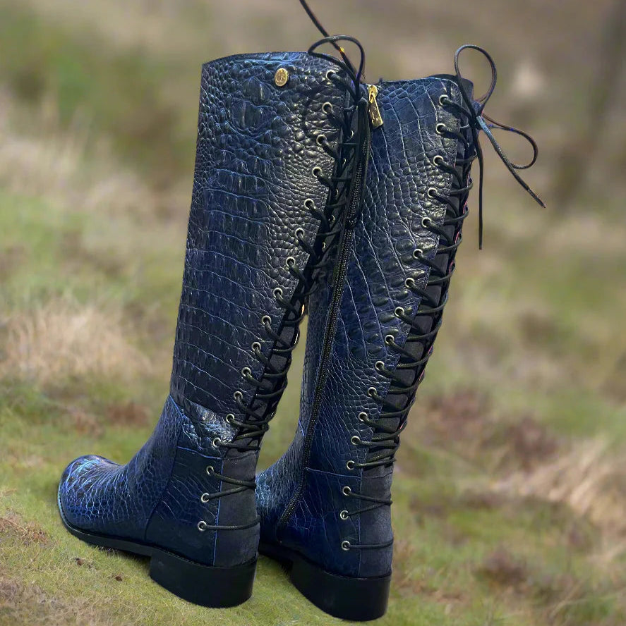 Chanii B "Empire" Navy Croc - Tall Lace-Up Boot