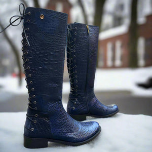 Chanii B "Empire" Navy Croc - Tall Lace-Up Boot