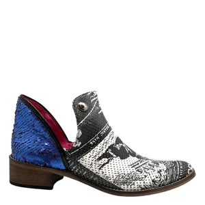 Chanii B "Zippette" Black Newsprint/Navy Sequins - Ankle Boot