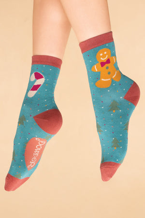 Powder UK "Gingerbread Man" in Aqua - Women's Ankle Socks