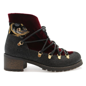 ChaniiB Chukar in wine velvet boot available at Shoe Muse