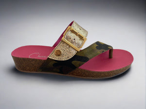 Chanii b "Je Suis" Green Army and gold Cork leather sandal