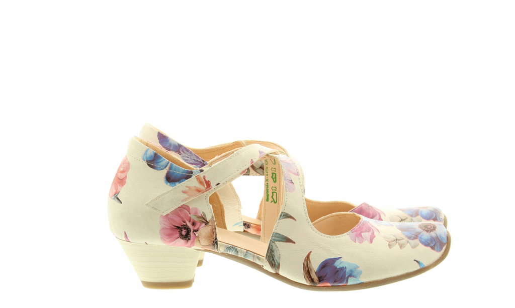 Think! "Aida" Ivory floral Leather pump with velcro strap