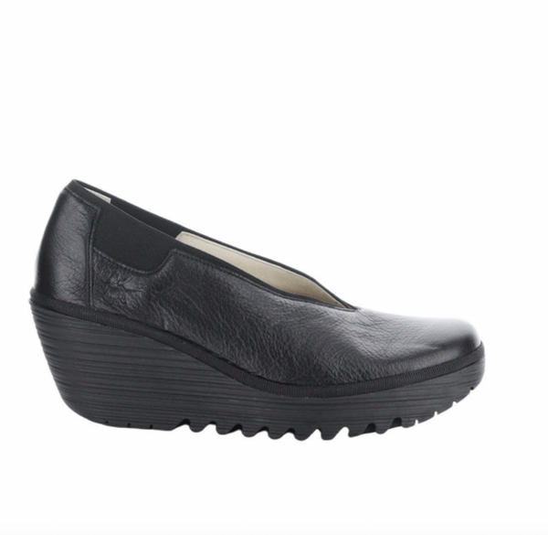 Fly London Yoza Black Slip on Wedge The Shoe Muse