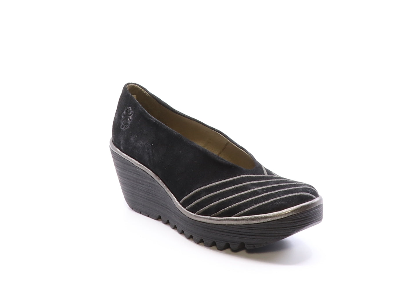 Fly London Yaku in black bronze shoe available at Shoe Muse