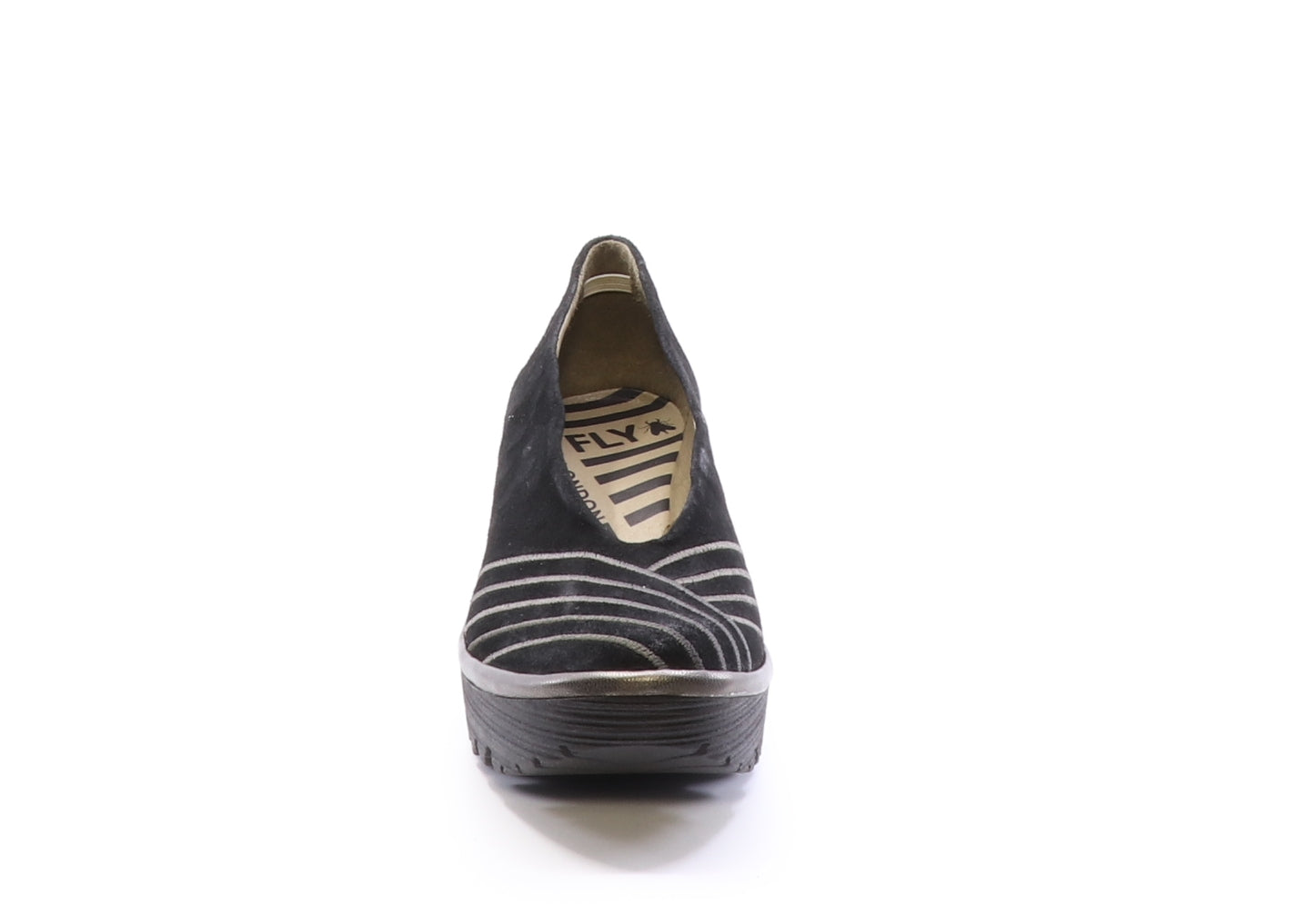 Fly London Yaku in black bronze shoe available at Shoe Muse