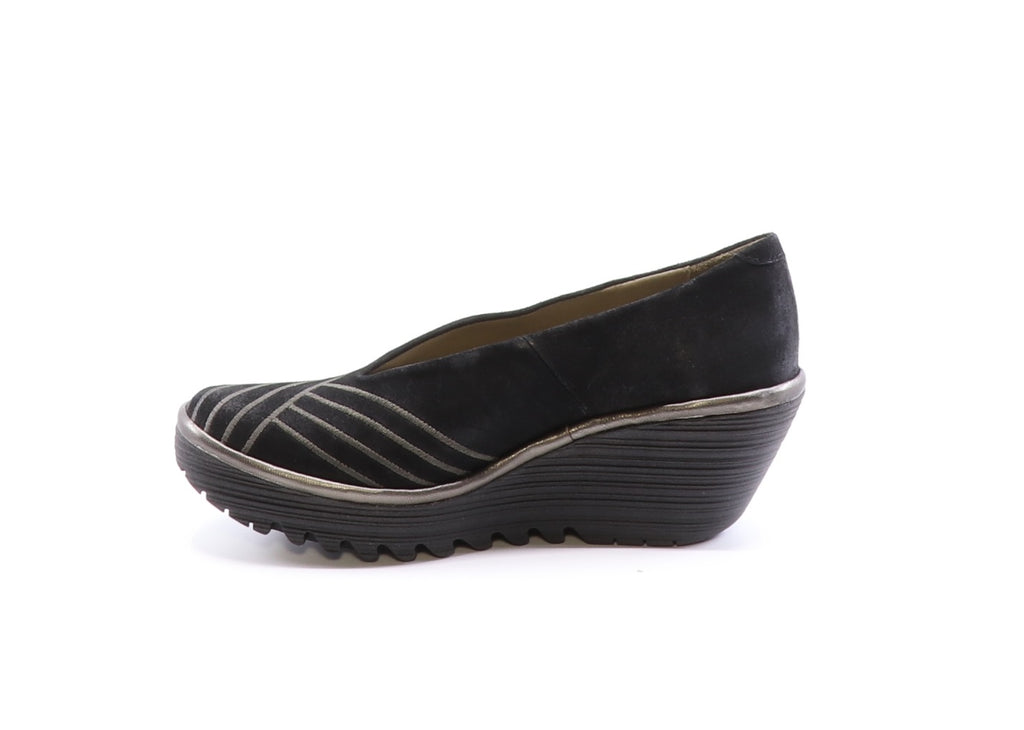 Fly London Yaku in black bronze shoe available at Shoe Muse